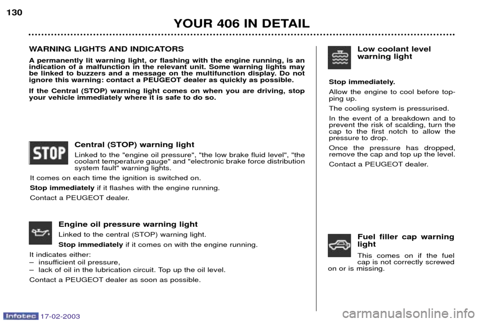 Peugeot 406 Break 2003 User Guide 17-02-2003
WARNING LIGHTS AND INDICATORS 
A permanently lit warning light, or flashing with the engine running, is an indication of a malfunction in the relevant unit. Some warning lights may
be linke
