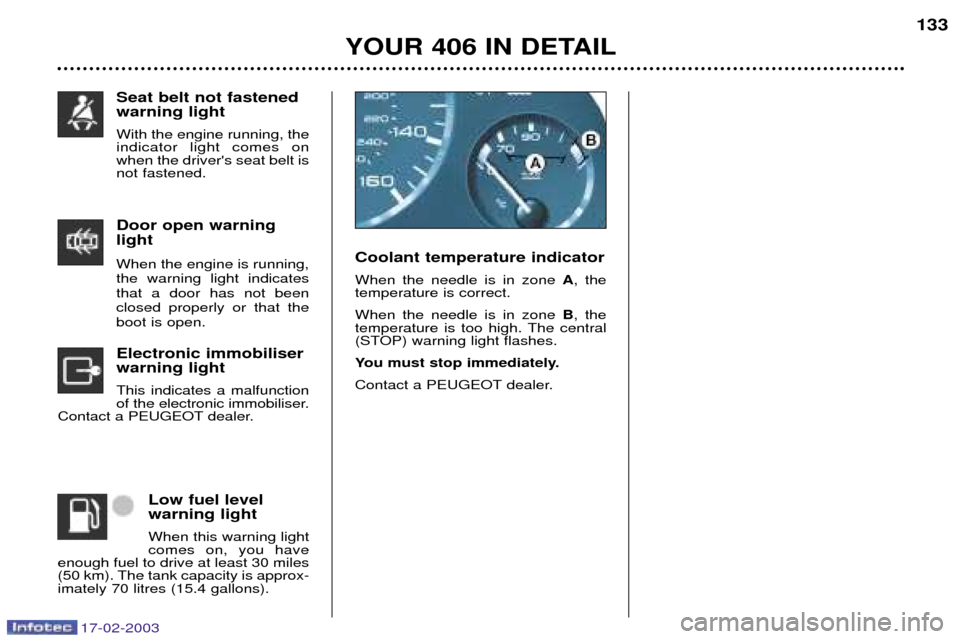 Peugeot 406 Break 2003 User Guide 17-02-2003
Door open warning light
When the engine is running, the warning light indicatesthat a door has not been
closed properly or that theboot is open.
Electronic immobiliserwarning light This ind