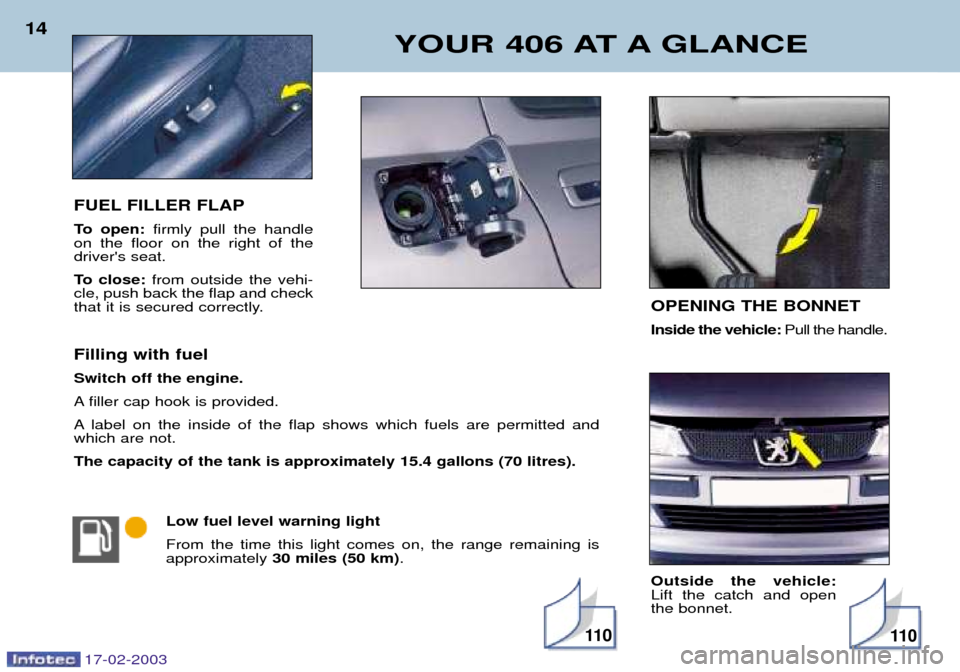 Peugeot 406 Break 2003 Owners Manual 17-02-2003
FUEL FILLER FLAP
To open:firmly pull the handle
on the floor on the right of the drivers seat.
To close: from outside the vehi-
cle, push back the flap and check
that it is secured corr Peugeot 406 Break 2003 Owners Manual 17-02-2003
FUEL FILLER FLAP
To open:firmly pull the handle
on the floor on the right of the drivers seat.
To close: from outside the vehi-
cle, push back the flap and check
that it is secured corr