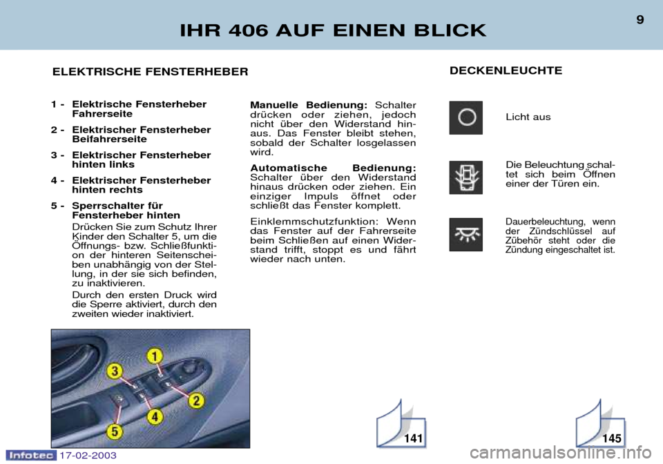 Peugeot 406 Break 2003  Betriebsanleitung (in German) 17-02-2003
141
IHR 406 AUF EINEN BLICK
9
DECKENLEUCHTELicht aus Die Beleuchtung schal- 
tet sich beim …ffnen
einer der TŸren ein.
Dauerbeleuchtung, wennder ZŸndschlŸssel aufZŸbehšr steht oder d