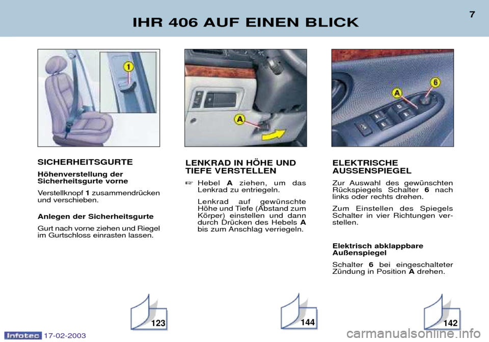 Peugeot 406 Break 2003  Betriebsanleitung (in German) 17-02-2003
SICHERHEITSGURTE Hšhenverstellung der  Sicherheitsgurte vorne 
Verstellknopf 1zusammendrŸcken
und verschieben. Anlegen der Sicherheitsgurte Gurt nach vorne ziehen und Riegel im Gurtschlos