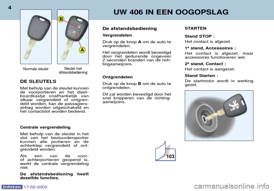 Peugeot 406 Break 2003  Handleiding (in Dutch) 17-02-2003
DE SLEUTELS Met behulp van de sleutel kunnen de voorportieren en het dash-boardkastje onafhankelijk vanelkaar vergrendeld of ontgren-deld worden, kan de passagiers-airbag worden uitgeschake