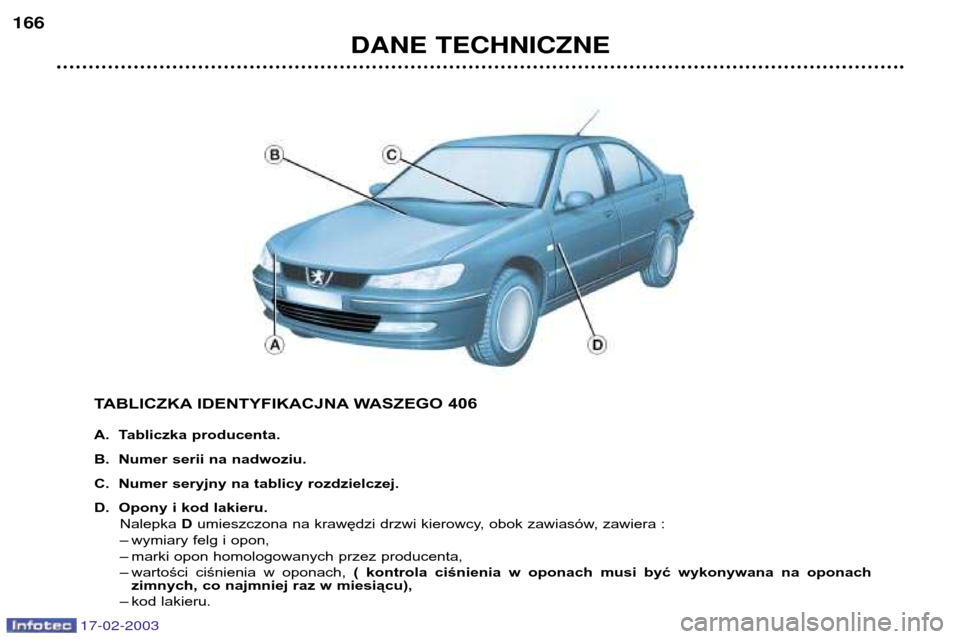 Peugeot 406 Break 2003 Instrukcja Obsługi (in Polish) DANE TECHNICZNE
166
TABLICZKA IDENTYFIKACJNA WASZEGO 406
A. Tabliczka producenta.
B. Numer serii na nadwoziu.
C. Numer seryjny na tablicy rozdzielczej.
D. Opony i kod lakieru. Nalepka Dumieszczona Peugeot 406 Break 2003 Instrukcja Obsługi (in Polish) DANE TECHNICZNE
166
TABLICZKA IDENTYFIKACJNA WASZEGO 406
A. Tabliczka producenta.
B. Numer serii na nadwoziu.
C. Numer seryjny na tablicy rozdzielczej.
D. Opony i kod lakieru. Nalepka Dumieszczona