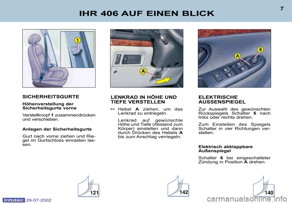 Peugeot 406 Break 2002.5  Betriebsanleitung (in German) SICHERHEITSGURTE 
Höhenverstellung der  
Sicherheitsgurte vorne 
Verstellknopf 1zusammendrücken
und verschieben. 
Anlegen der Sicherheitsgurte 
Gurt  nach  vorne  ziehen  und  Rie� 
gel  im  Gurtsch