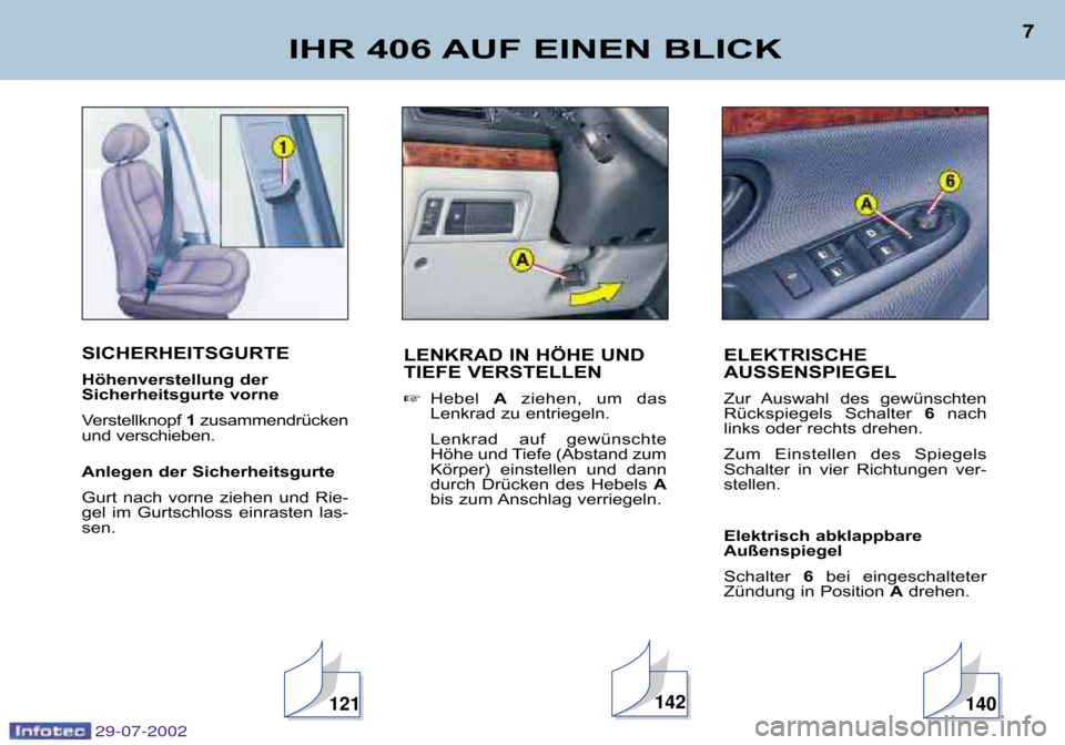 Peugeot 406 Break 2002.5  Betriebsanleitung (in German) SICHERHEITSGURTE 
Höhenverstellung der  
Sicherheitsgurte vorne 
Verstellknopf 1zusammendrücken
und verschieben. 
Anlegen der Sicherheitsgurte 
Gurt  nach  vorne  ziehen  und  Rie� 
gel  im  Gurtsch