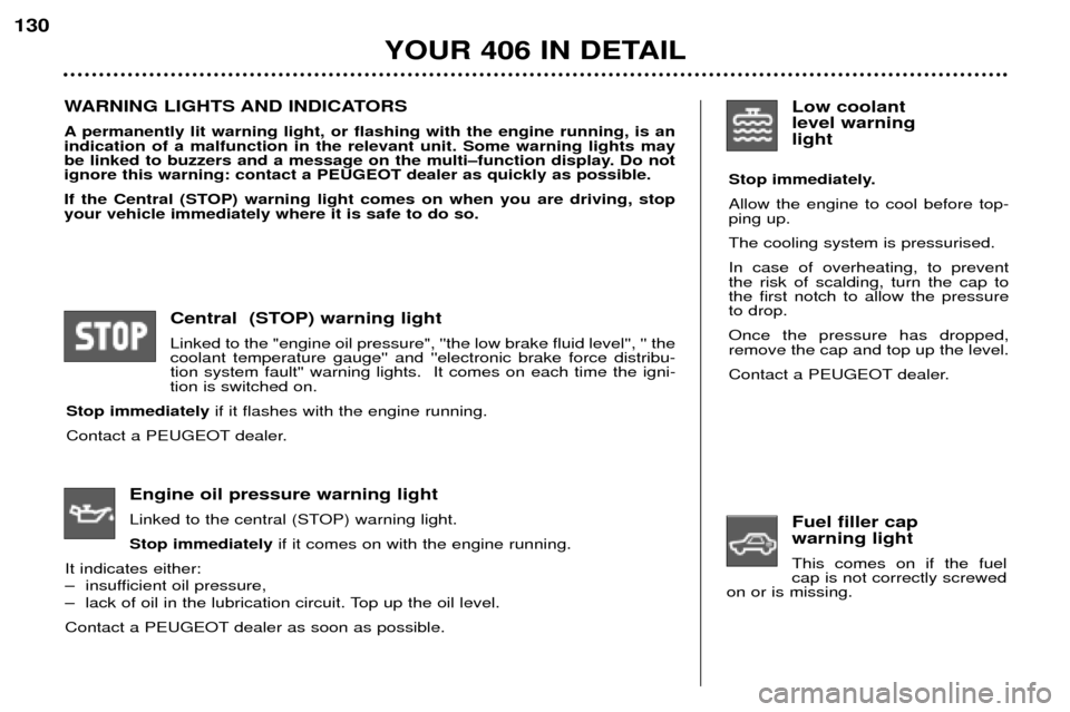 Peugeot 406 Break 2002  Owners Manual WARNING LIGHTS AND INDICATORS 
A permanently lit warning light, or flashing with the engine running, is an indication of a malfunction in the relevant unit. Some warning lights may
be linked to buzzer