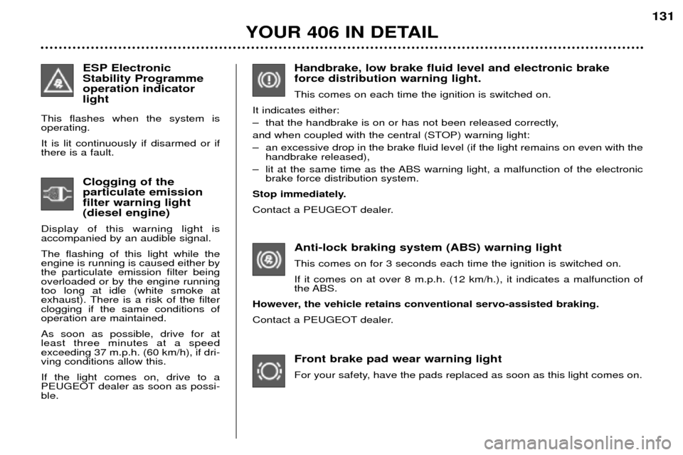 Peugeot 406 Break 2002 User Guide Handbrake, low brake fluid level and electronic brake force distribution warning light. This comes on each time the ignition is switched on.
It indicates either: 
– that the handbrake is on or has n