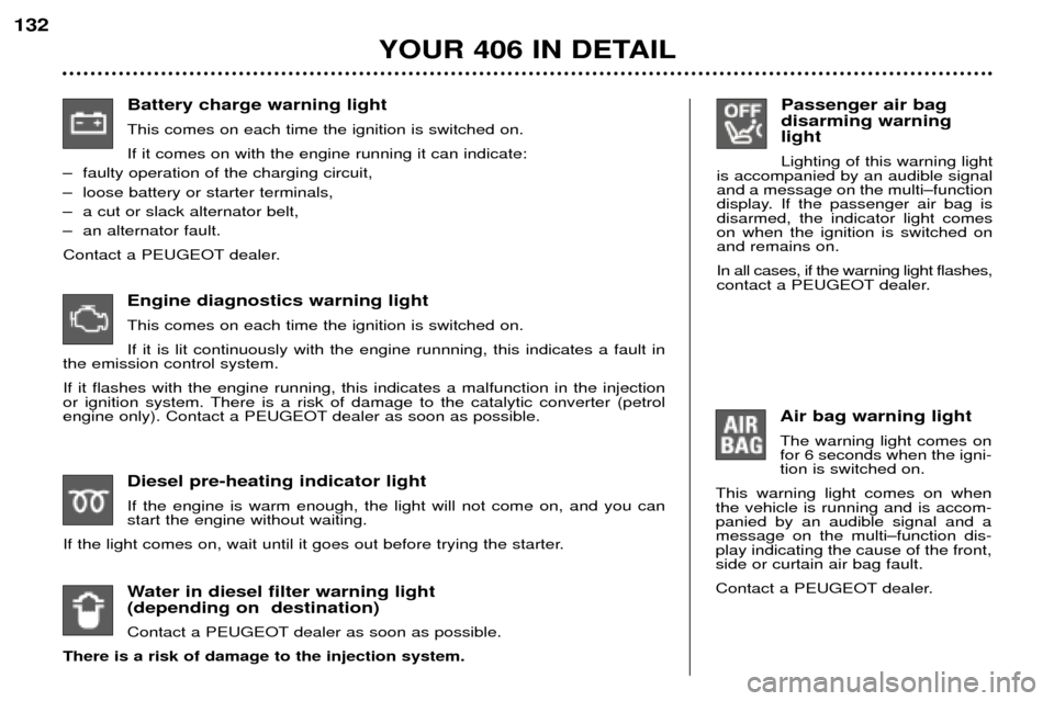 Peugeot 406 Break 2002  Owners Manual Passenger air bag  disarming warninglight Lighting of this warning light
is accompanied by an audible signal and a message on the multi–function
display. If the passenger air bag isdisarmed, the ind