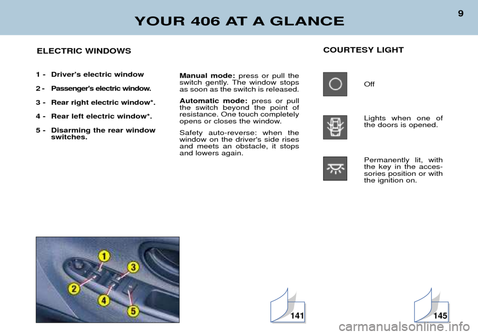 Peugeot 406 Break 2002  Owners Manual YOUR 406 AT A GLANCE
9
COURTESY LIGHT Off Lights when one of the doors is opened. Permanently lit, with the key in the acces-sories position or withthe ignition on.
Manual mode:
press or pull the
swit