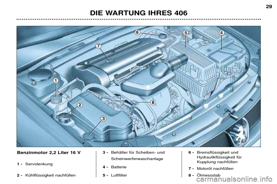 Peugeot 406 Break 2002 Betriebsanleitung (in German) DIE WARTUNG IHRES 406
29
Benzinmotor 2,2 Liter 16 V 1 - Servolenkung
2 - Kühlflüssigkeit nachfüllen 3 -
Behälter für Scheiben- und Scheinwerferwaschanlage
4 - Batterie
5 - Luftfilter 6 -
Br Peugeot 406 Break 2002 Betriebsanleitung (in German) DIE WARTUNG IHRES 406
29
Benzinmotor 2,2 Liter 16 V 1 - Servolenkung
2 - Kühlflüssigkeit nachfüllen 3 -
Behälter für Scheiben- und Scheinwerferwaschanlage
4 - Batterie
5 - Luftfilter 6 -
Br