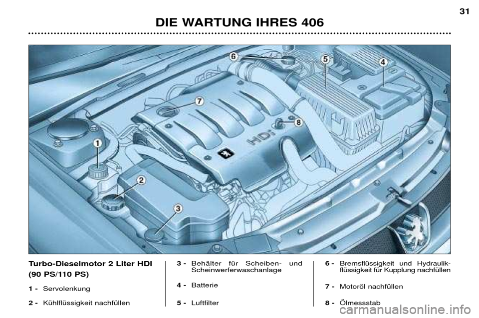Peugeot 406 Break 2002 Betriebsanleitung (in German) DIE WARTUNG IHRES 406
31
Turbo-Dieselmotor 2 Liter HDI
(90 PS/110 PS)
1 -Servolenkung
2 -Kühlflüssigkeit nachfüllen3-
Behälter für Scheiben- und Scheinwerferwaschanlage
4- Batterie
5- Luftfilter Peugeot 406 Break 2002 Betriebsanleitung (in German) DIE WARTUNG IHRES 406
31
Turbo-Dieselmotor 2 Liter HDI
(90 PS/110 PS)
1 -Servolenkung
2 -Kühlflüssigkeit nachfüllen3-
Behälter für Scheiben- und Scheinwerferwaschanlage
4- Batterie
5- Luftfilter
