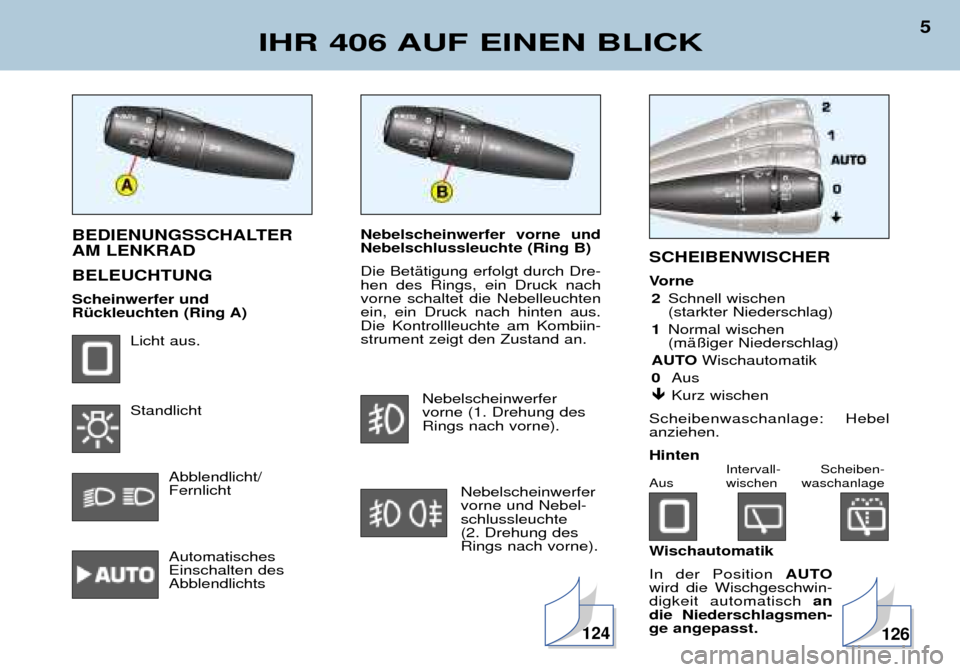 Peugeot 406 Break 2002  Betriebsanleitung (in German) Nebelscheinwerfer vorne und Nebelschlussleuchte (Ring B) Die Betätigung erfolgt durch Dre- hen des Rings, ein Druck nachvorne schaltet die Nebelleuchtenein, ein Druck nach hinten aus.Die Kontrollleuc