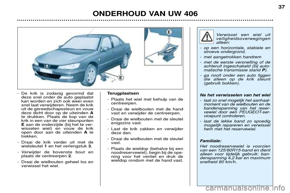 Peugeot 406 Break 2002  Handleiding (in Dutch) ONDERHOUD VAN UW 406
37
- De krik is zodanig gevormd datdeze snel onder de auto geplaatst kan worden en zich ook weer evensnel laat verwijderen. Neem de krikuit de gereedschapssteun en vouwdeze dicht 