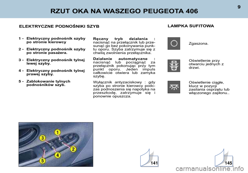 Peugeot 406 Break 2002  Instrukcja Obsługi (in Polish) RZUT OKA NA WASZEGO PEUGEOTA 406
9
LAMPKA SUFITOWAZgaszona. 
Oświetlenie przy 
otwarciu jednych zdrzwi. 
Oświetlenie ciągłe, 
klucz w pozycji 
zasilania osprzętu lub
włączonego zapłonu.
.
Ręc