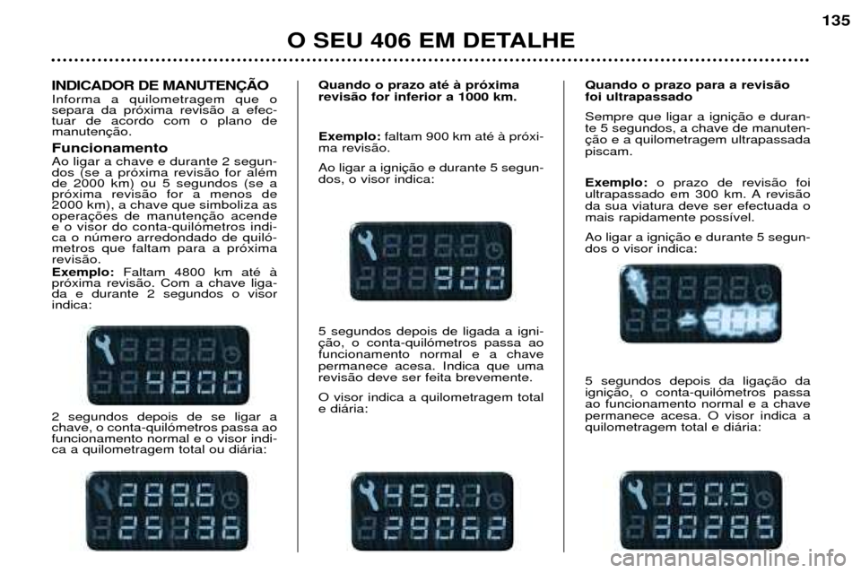 Peugeot 406 Break 2002  Manual do proprietário (in Portuguese) INDICADOR DE MANUTENÇÃO Informa a quilometragem que o separa da próxima revisão a efec-tuar de acordo com o plano demanutenção. Funcionamento Ao ligar a chave e durante 2 segun- dos (se a próxi