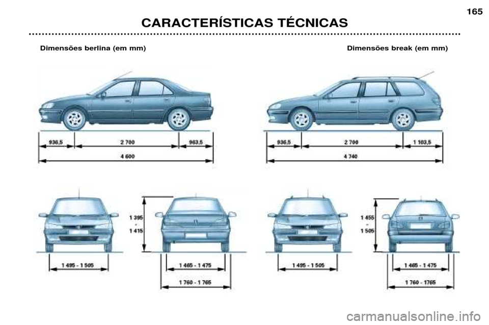 Peugeot 406 Break 2002  Manual do proprietário (in Portuguese) CARACTERÍSTICAS TÉCNICAS
165
Dimensões berlina (em mm)Dimensões break (em mm)  