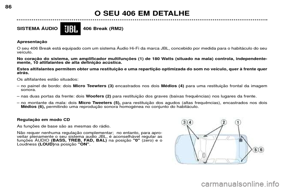 Peugeot 406 Break 2002 Manual do proprietário (in Portuguese) O SEU 406 EM DETALHE
86
SISTEMA ÁUDIO 406 Break (RM2) Apresentação O seu 406 Break está equipado com um sistema Áudio Hi-Fi da marca JBL, concebido por medida para o habitáculo do seu veículo. Peugeot 406 Break 2002 Manual do proprietário (in Portuguese) O SEU 406 EM DETALHE
86
SISTEMA ÁUDIO 406 Break (RM2) Apresentação O seu 406 Break está equipado com um sistema Áudio Hi-Fi da marca JBL, concebido por medida para o habitáculo do seu veículo.