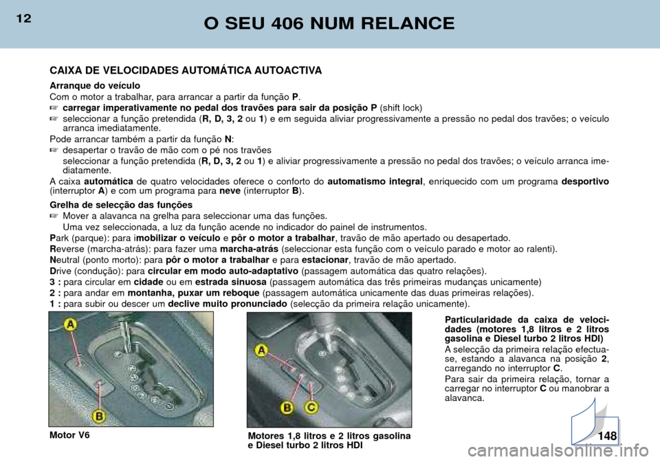 Peugeot 406 Break 2002  Manual do proprietário (in Portuguese) 12O SEU 406 NUM RELANCE
CAIXA DE VELOCIDADES AUTOMÁTICA AUTOACTIVA Arranque do veículo 
Com o motor a trabalhar, para arrancar a partir da função P. 
 carregar imperativamente no pedal dos travõ