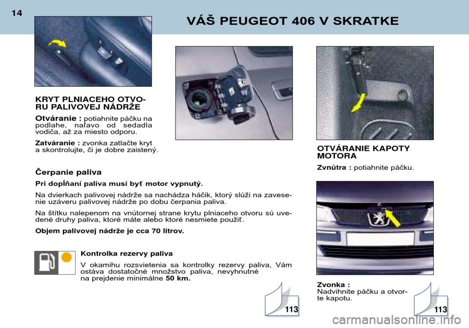 Peugeot 406 Break 2002  Užívateľská príručka (in Slovak) VÁŠ PEUGEOT 406 V SKRATKE
14
KRYT PLNIACEHO OTVO- 
RU PALIVOVEJ NçDRŽE
Otv‡ranie : potiahnite páčku na
podlahe,  naľavo  od  sedadla 
vodiča, až za miesto odporu. Zatv‡ranie : zvonka zatl