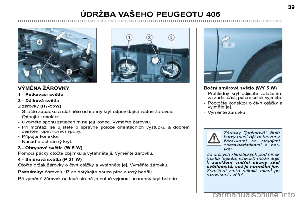 Peugeot 406 Break 2002  Návod k obsluze (in Czech) Ž‡rovky "jantarov ě"  žlutŽ
barvy mus’ b ýt nahrazeny
ž ‡rovkami se stejn ými
charakteristikami a bar- vou.
Za určitých klimatických podmínek
(nízká  teplota,  vlhkost)  může  doj