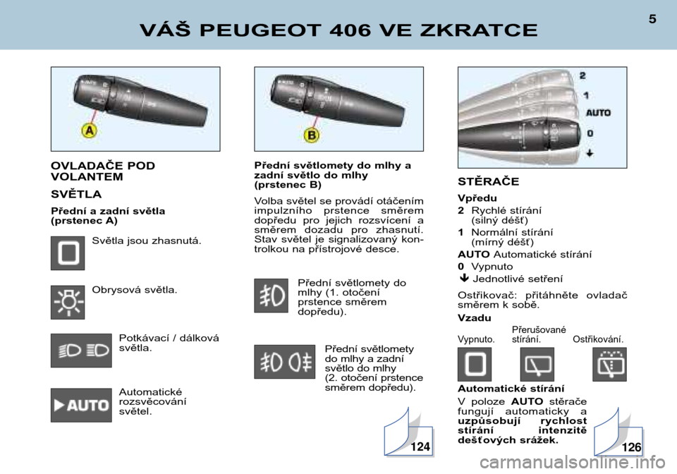 Peugeot 406 Break 2002  Návod k obsluze (in Czech) Přední světlomety do mlhy a 
zadní světlo do mlhy 
(prstenec B) 
Volba světel se provádí otáčením 
impulzního  prstence  směrem
dopředu  pro  jejich  rozsvícení  a
směrem  dozadu  pro