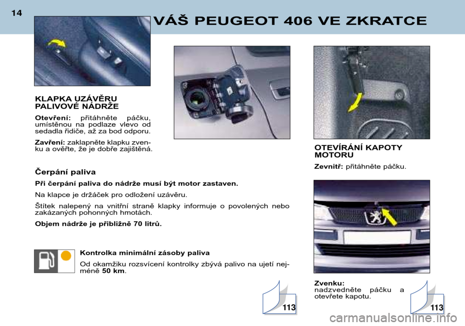 Peugeot 406 Break 2002  Návod k obsluze (in Czech) VÁŠ PEUGEOT 406 VE ZKRATCE
14
KLAPKA UZÁVĚRU  
PALIVOVÉ NÁDRŽE Otevření:přitáhněte  páčku,
umístěnou  na  podlaze  vlevo  od 
sedadla řidiče, až za bod odporu. Zavření: zaklapnět