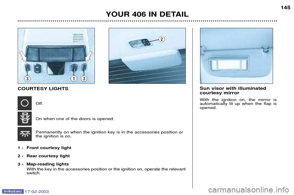 Peugeot 406 Break Dag 2003 Owners Manual 17-02-2003
Sun visor with illuminated courtesy mirror With the ignition on, the mirror is automatically lit up when the flap isopened.COURTESY LIGHTSOff. On when one of the doors is opened. Permanentl Peugeot 406 Break Dag 2003 Owners Manual 17-02-2003
Sun visor with illuminated courtesy mirror With the ignition on, the mirror is automatically lit up when the flap isopened.COURTESY LIGHTSOff. On when one of the doors is opened. Permanentl