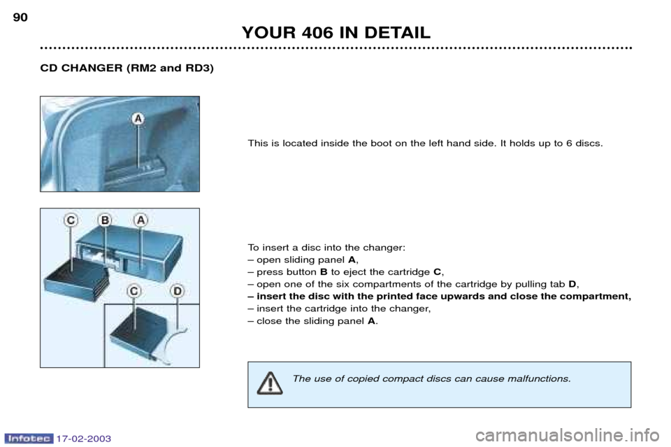 Peugeot 406 Break Dag 2003  Owners Manual 17-02-2003
YOUR 406 IN DETAIL
90
This is located inside the boot on the left hand side. It holds up to 6 discs. 
To insert a disc into the changer: 
Ð open sliding panel A,
Ð press button  Bto eject