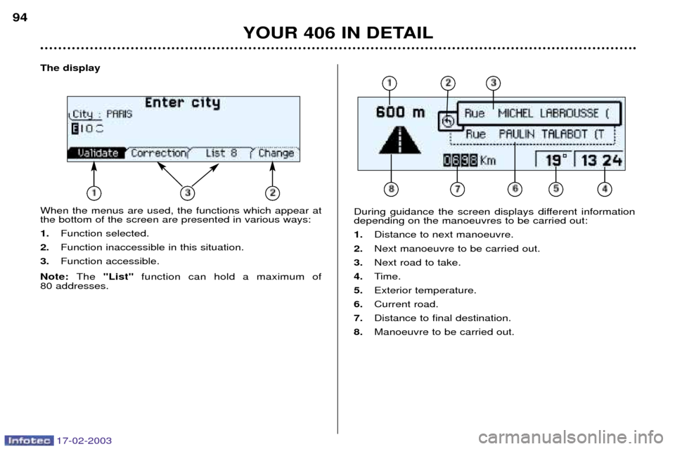 Peugeot 406 Break Dag 2003 Manual PDF 17-02-2003
The display When the menus are used, the functions which appear at the bottom of the screen are presented in various ways: 1.Function selected.
2. Function inaccessible in this situation.
3 Peugeot 406 Break Dag 2003 Manual PDF 17-02-2003
The display When the menus are used, the functions which appear at the bottom of the screen are presented in various ways: 1.Function selected.
2. Function inaccessible in this situation.
3