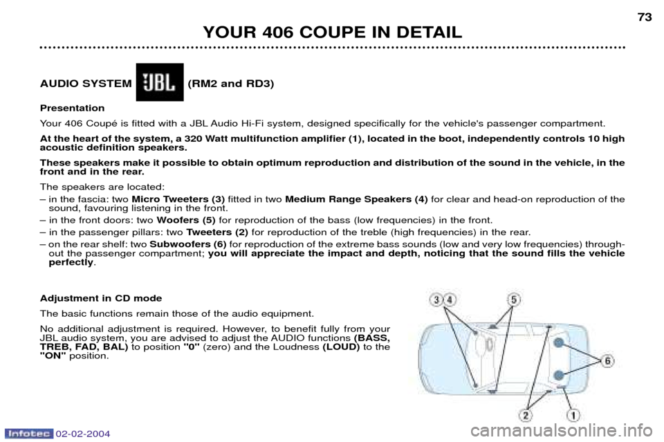 Peugeot 406 C 2004  Owners Manual 02-02-2004
AUDIO SYSTEM (RM2 and RD3)  Presentation 
Your 406 CoupŽ is fitted with a JBL Audio Hi-Fi system, designed specifically for the vehicles passenger compartment. 
At the heart of the system