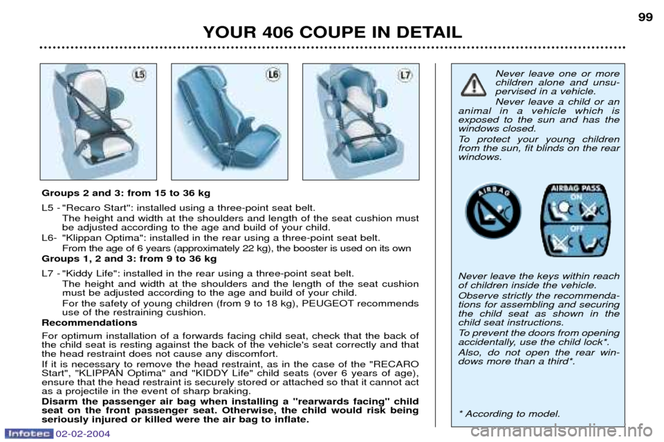 Peugeot 406 C 2004  Owners Manual Never leave one or more children alone and unsu-pervised in a vehicle. Never leave a child or an
animal in a vehicle which is exposed to the sun and has thewindows closed. 
To protect your young child