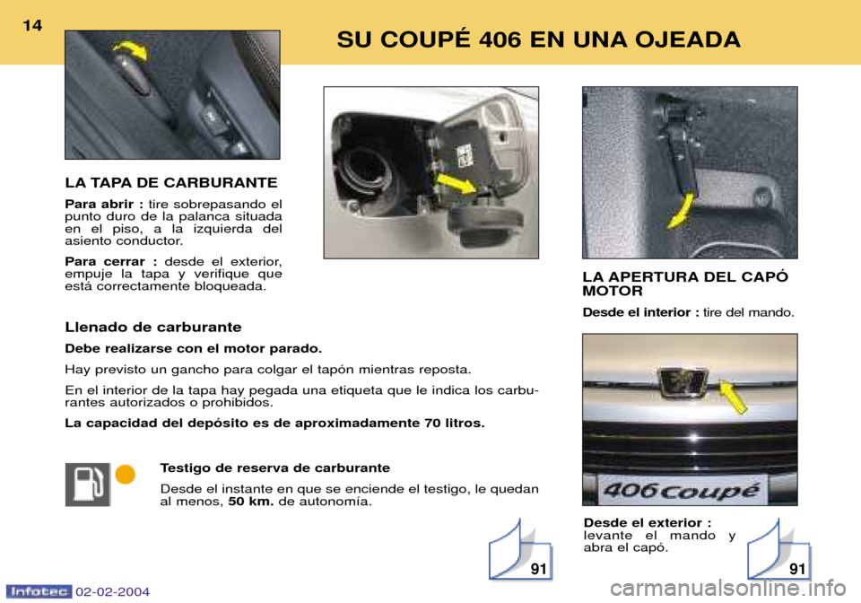 Peugeot 406 C 2004  Manual del propietario (in Spanish) 02-02-2004
LA TAPA DE CARBURANTE Para abrir : tire sobrepasando el
punto duro de la palanca situada en el piso, a la izquierda del
asiento conductor. Para cerrar : desde el exterior,
empuje la tapa y 