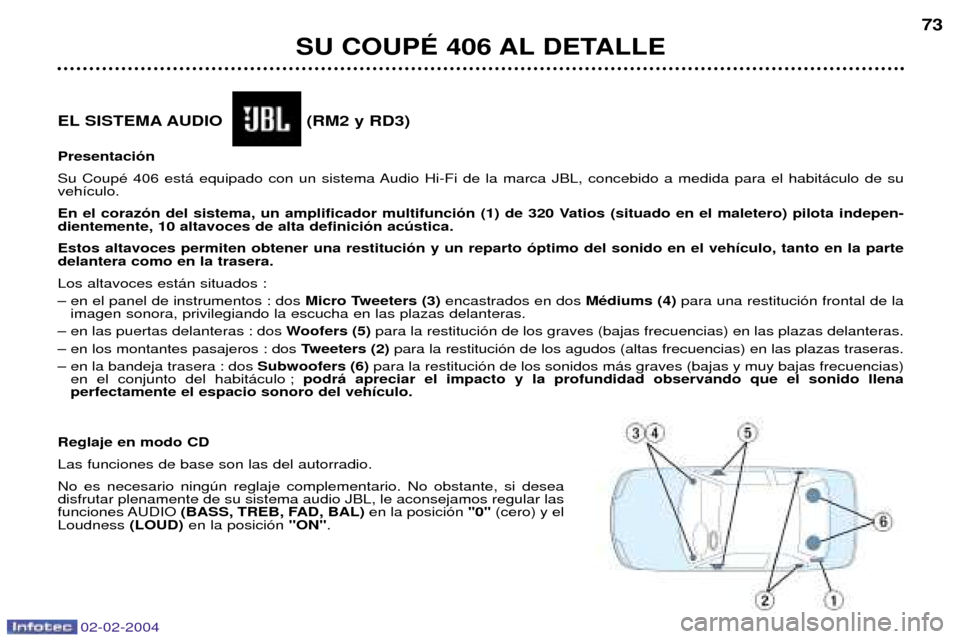Peugeot 406 C 2004  Manual del propietario (in Spanish) 02-02-2004
EL SISTEMA AUDIO (RM2 y RD3) Presentaci—n 
Su CoupŽ 406 est‡ equipado con un sistema Audio Hi-Fi de la marca JBL, concebido a medida para el habit‡culo de su veh’culo.  
En el cora