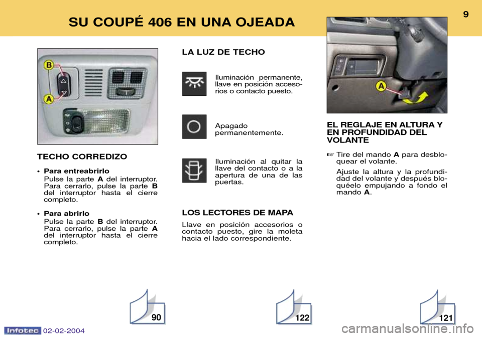 Peugeot 406 C 2004  Manual del propietario (in Spanish) 02-02-2004
EL REGLAJE EN ALTURA Y EN PROFUNDIDAD DELVOLANTE Tire del mando  Apara desblo-
quear el volante. Ajuste la altura y la profundi- dad del volante y despuŽs blo-quŽelo empujando a fondo el