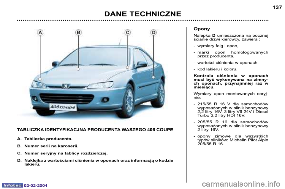 Peugeot 406 C 2004 Instrukcja Obsługi (in Polish) 02-02-2004
TABLICZKA IDENTYFIKACJNA PRODUCENTA WASZEGO 406 COUPE
A. Tabliczka producenta.
B. Numer serii na karoserii.
C. Numer seryjny na tablicy rozdzielczej.
D. Naklejka z wartościami ciśnienia Peugeot 406 C 2004 Instrukcja Obsługi (in Polish) 02-02-2004
TABLICZKA IDENTYFIKACJNA PRODUCENTA WASZEGO 406 COUPE
A. Tabliczka producenta.
B. Numer serii na karoserii.
C. Numer seryjny na tablicy rozdzielczej.
D. Naklejka z wartościami ciśnienia