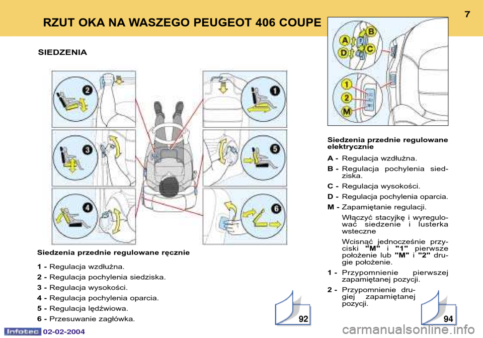 Peugeot 406 C 2004  Instrukcja Obsługi (in Polish) Siedzenia przednie regulowane ręcznie  1 -Regulacja wzdłużna.
2 - Regulacja pochylenia siedziska.
3 - Regulacja wysokości.
4 - Regulacja pochylenia oparcia.
5 - Regulacja lędźwiowa.
6 - Przesuwa