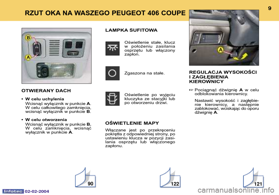 Peugeot 406 C 2004  Instrukcja Obsługi (in Polish) 02-02-2004
REGULACJA WYSOKOŚCI I ZAGŁĘBIENIAKIEROWNICY Pociągnąć dźwignię  Aw celu
odblokowania kierownicy. Nastawić wysokość i zagłębie- 
nie kierownicy, a następniezablokować, wciska