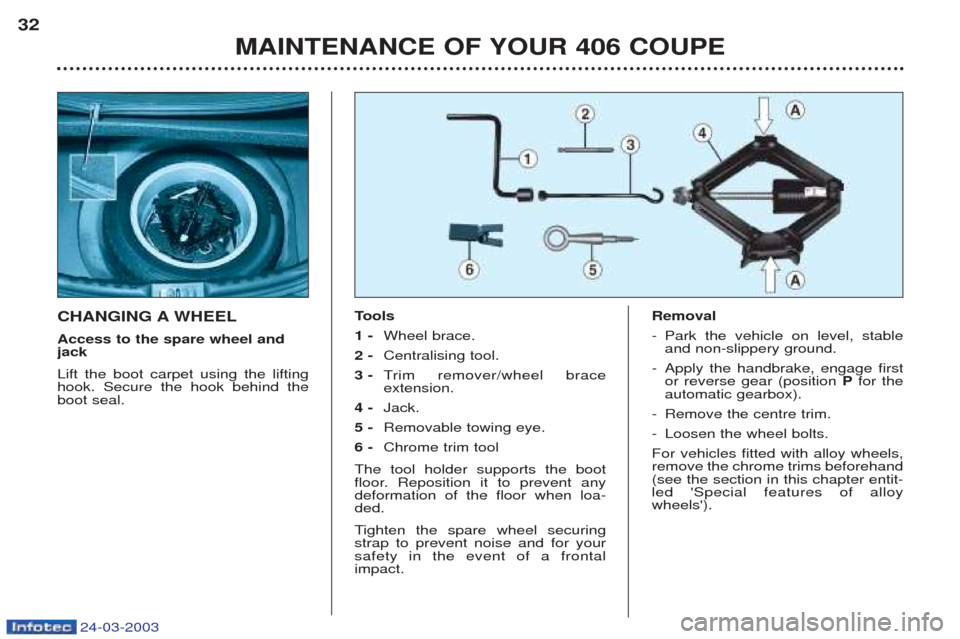 Peugeot 406 C 2003 Owners Manual 24-03-2003
CHANGING A WHEEL Access to the spare wheel and jack Lift the boot carpet using the lifting hook. Secure the hook behind theboot seal.T
ools
1 - Wheel brace.
2 - Centralising tool.
3 - Trim Peugeot 406 C 2003 Owners Manual 24-03-2003
CHANGING A WHEEL Access to the spare wheel and jack Lift the boot carpet using the lifting hook. Secure the hook behind theboot seal.T
ools
1 - Wheel brace.
2 - Centralising tool.
3 - Trim