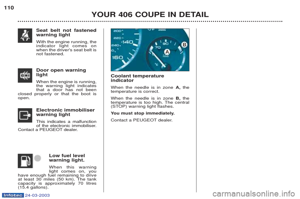 Peugeot 406 C 2003 Owners Guide 24-03-2003
Door open warning light When the engine is running, the warning light indicatesthat a door has not been
closed properly or that the boot isopen.
Electronic immobiliser warning light This in