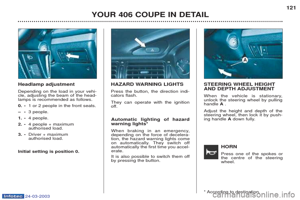 Peugeot 406 C 2003  Owners Manual 24-03-2003
HORN Press one of the spokes or the centre of the steeringwheel.
Headlamp adjustment Depending on the load in your vehi- cle, adjusting the beam of the head-lamps is recommended as follows.