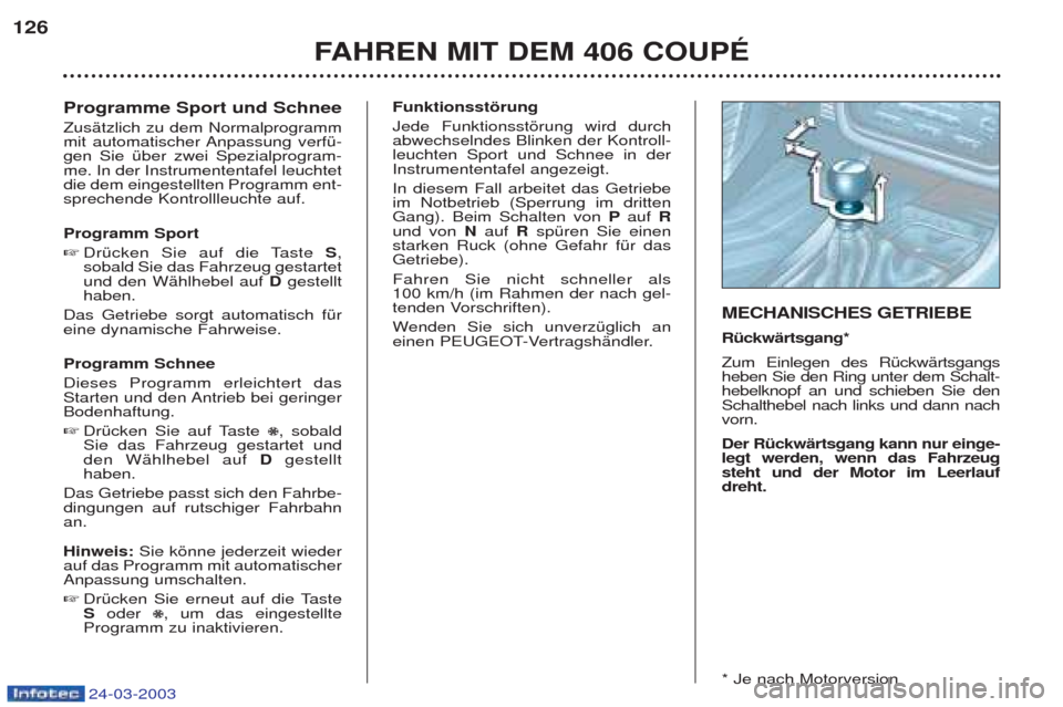 Peugeot 406 C 2003  Betriebsanleitung (in German) 24-03-2003
Programme Sport und Schnee ZusŠtzlich zu dem Normalprogramm 
mit automatischer Anpassung verfŸ-gen Sie Ÿber zwei Spezialprogram-me. In der Instrumententafel leuchtetdie dem eingestellten