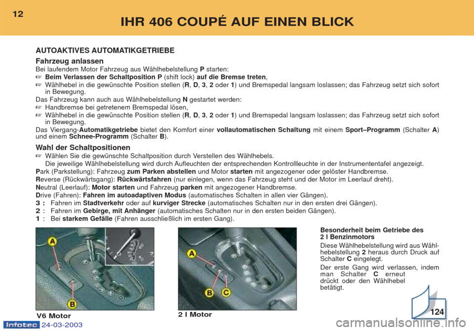 Peugeot 406 C 2003  Betriebsanleitung (in German) 24-03-2003
Fahrzeug anlassen Bei laufendem Motor Fahrzeug aus WŠhlhebelstellung Pstarten: 
☞ Beim Verlassen der Schaltposition P (shift lock) auf die Bremse treten , 
☞ WŠhlhebel in die gewŸnsc