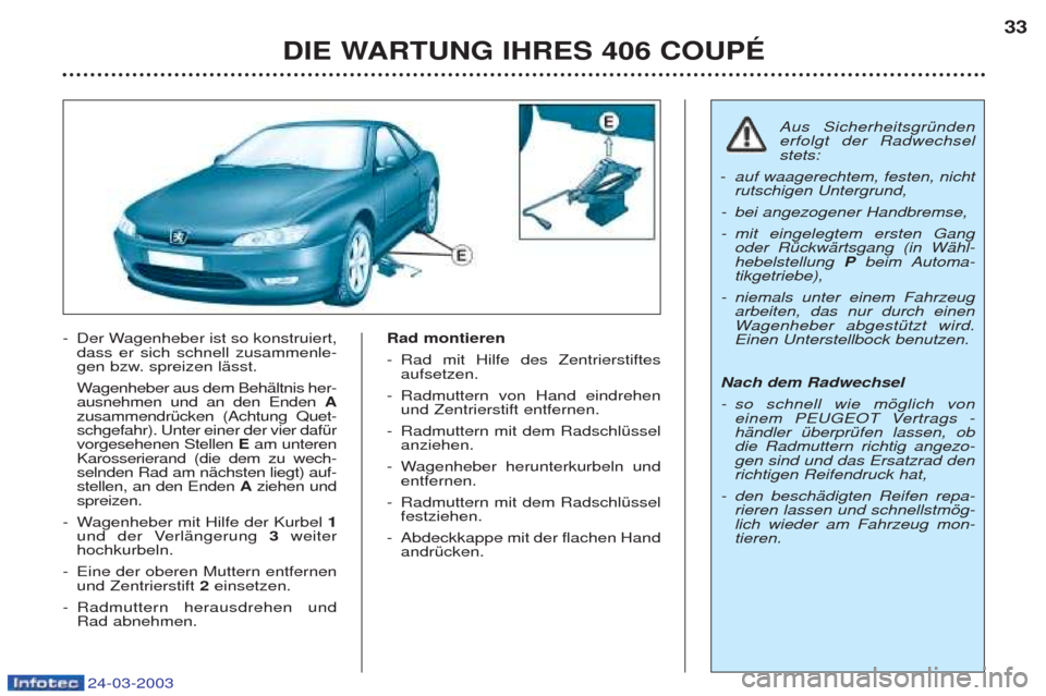 Peugeot 406 C 2003  Betriebsanleitung (in German) 24-03-2003
-Der Wagenheber ist so konstruiert, dass er sich schnell zusammenle-
gen bzw. spreizen lŠsst. W agenheber aus dem BehŠltnis her-
ausnehmen und an den Enden  A
zusammendrŸcken (Achtung Qu