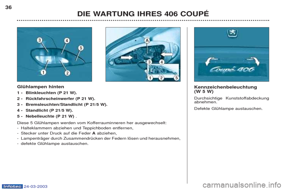 Peugeot 406 C 2003  Betriebsanleitung (in German) 24-03-2003
DIE WARTUNG IHRES 406 COUPÉ
36
Kennzeichenbeleuchtung  (W 5 W) 
Durchsichtige Kunststoffabdeckung abnehmen. Defekte GlŸhlampe austauschen.Glühlampen hinten 
1 - Blinkleuchten (P 21 W).
2