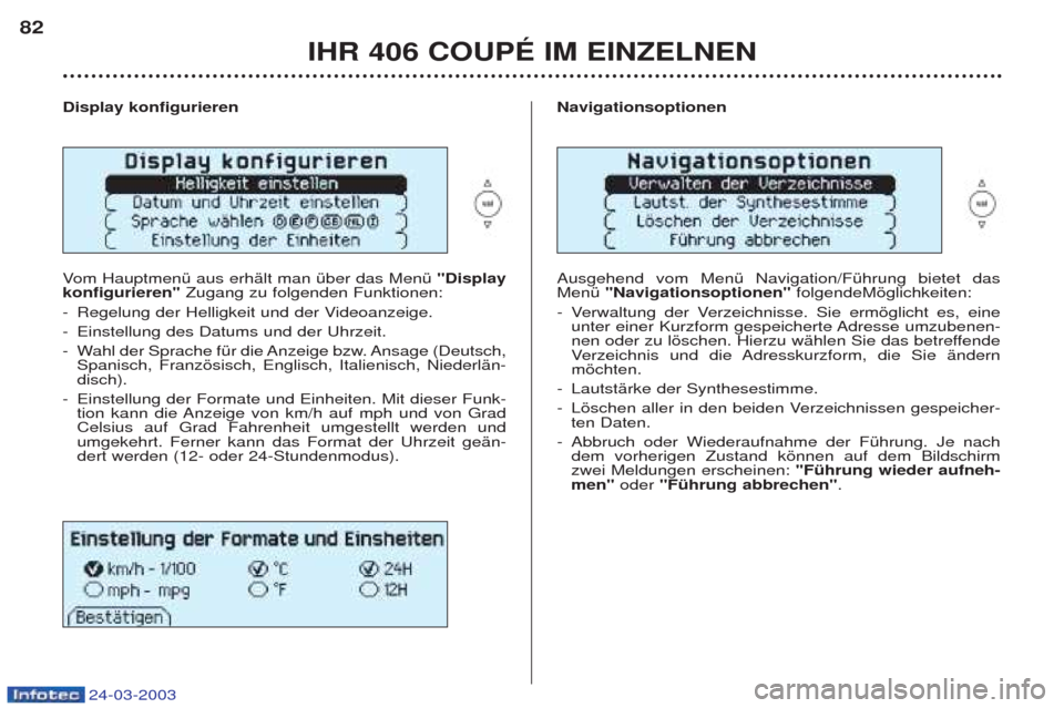 Peugeot 406 C 2003  Betriebsanleitung (in German) 24-03-2003
IHR 406 COUPÉ IM EINZELNEN
82
Display konfigurieren Vom HauptmenŸ aus erhŠlt man Ÿber das MenŸ  "Display
konfigurieren" Zugang zu folgenden Funktionen:
- Regelung der Helligkeit und de