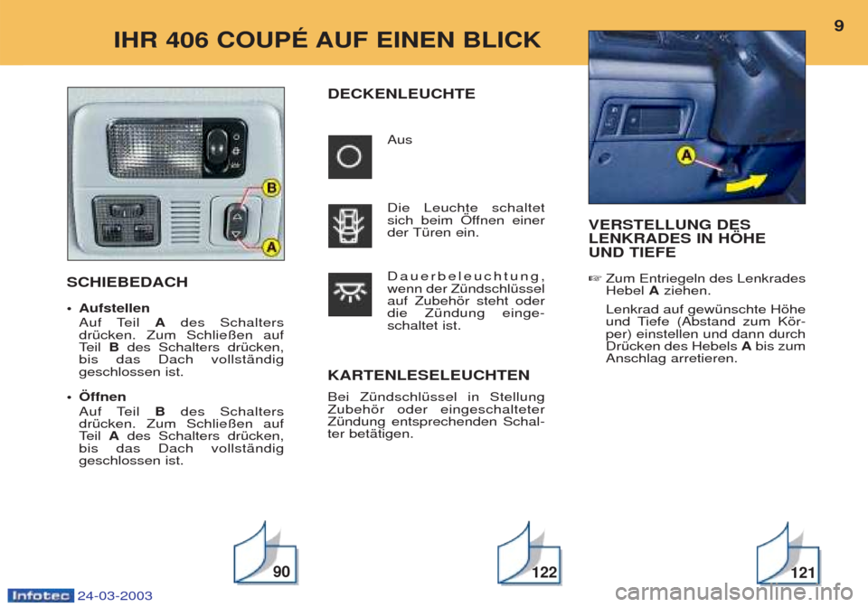 Peugeot 406 C 2003  Betriebsanleitung (in German) 24-03-2003
VERSTELLUNG DES LENKRADES IN HÖHEUND TIEFE ☞ Zum Entriegeln des Lenkrades Hebel  Aziehen.
Lenkrad auf gewŸnschte Hšhe
und Tiefe (Abstand zum Kšr-per) einstellen und dann durchDrŸcken