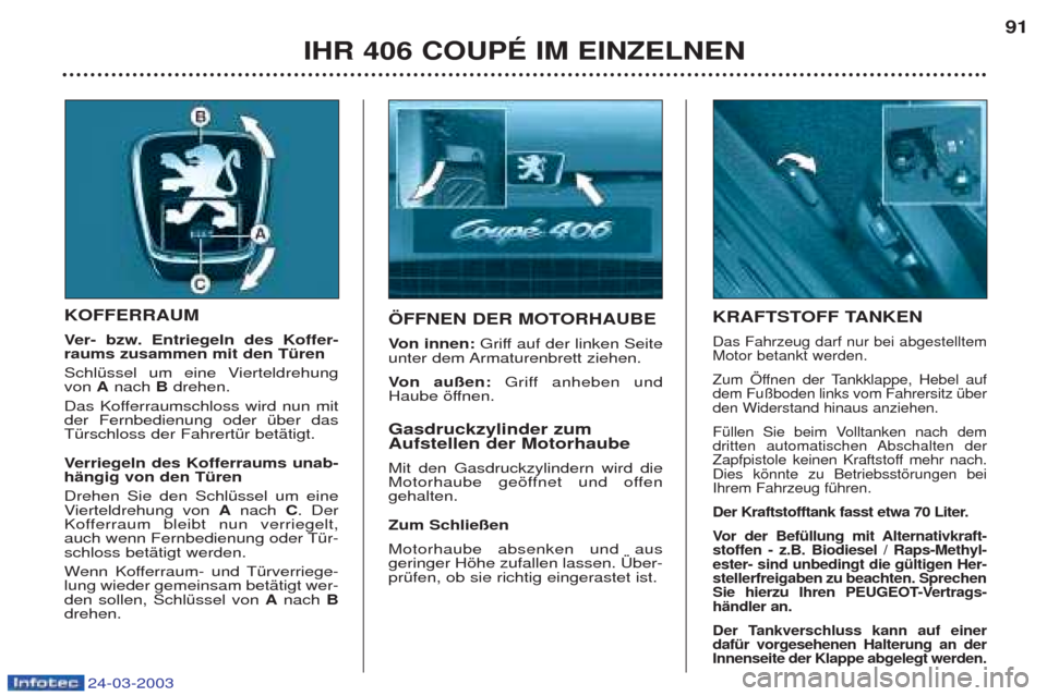 Peugeot 406 C 2003 Betriebsanleitung (in German) 24-03-2003
IHR 406 COUPÉ IM EINZELNEN91
KOFFERRAUM V
er- bzw. Entriegeln des Koffer-
raums zusammen mit den Türen
SchlŸssel um eine Vierteldrehung von Anach Bdrehen.
Das Kofferraumschloss wird Peugeot 406 C 2003 Betriebsanleitung (in German) 24-03-2003
IHR 406 COUPÉ IM EINZELNEN91
KOFFERRAUM V
er- bzw. Entriegeln des Koffer-
raums zusammen mit den Türen
SchlŸssel um eine Vierteldrehung von Anach Bdrehen.
Das Kofferraumschloss wird