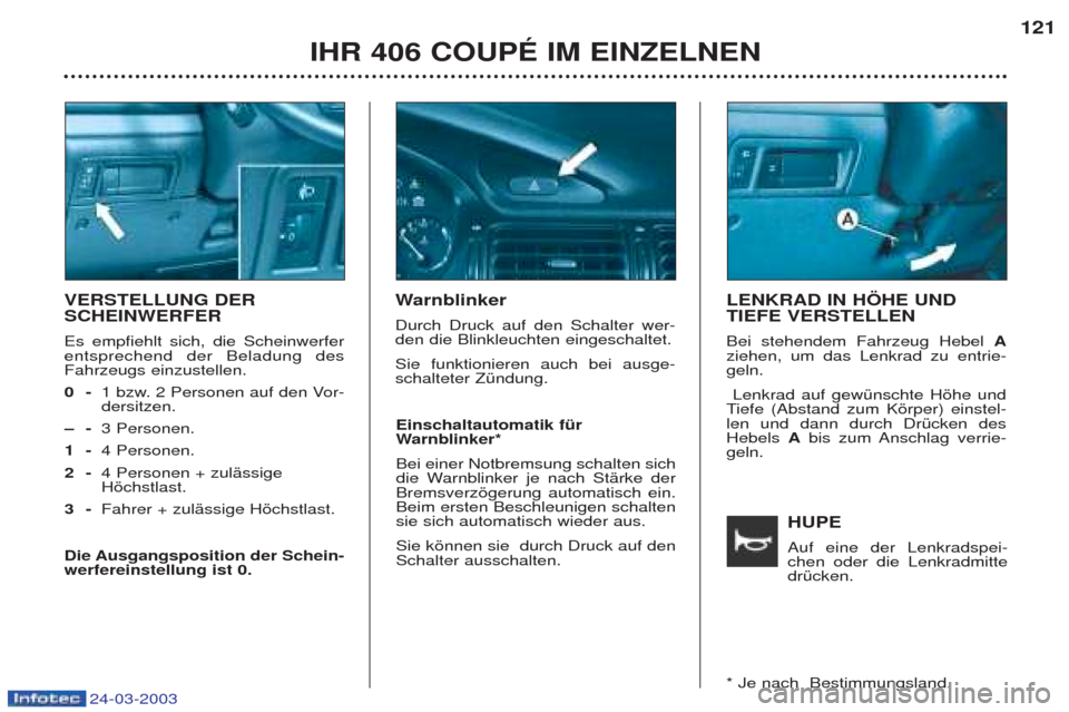 Peugeot 406 C 2003  Betriebsanleitung (in German) 24-03-2003
HUPE Auf eine der Lenkradspei- chen oder die LenkradmittedrŸcken.
VERSTELLUNG DER SCHEINWERFER Es empfiehlt sich, die Scheinwerfer entsprechend der Beladung desFahrzeugs einzustellen.0- 1 