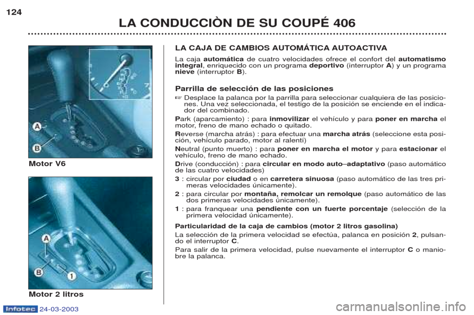 Peugeot 406 C 2003  Manual del propietario (in Spanish) 24-03-2003
124LA CONDUCCIÒN DE SU COUPÉ 406
LA CAJA DE CAMBIOS AUTOMÁTICA AUTOACTIVA La caja automática  de cuatro velocidades ofrece el confort del  automatismo
integral , enriquecido con un prog
