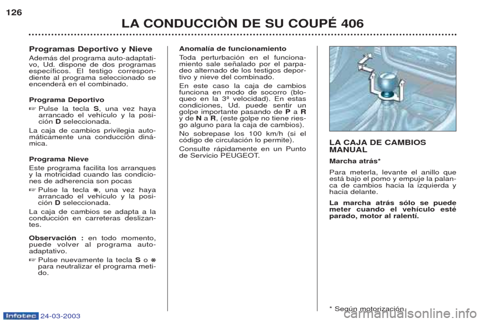 Peugeot 406 C 2003  Manual del propietario (in Spanish) 24-03-2003
Programas Deportivo y Nieve Adem‡s del programa auto-adaptati- vo, Ud. dispone de dos programasespec’ficos. El testigo correspon-diente al programa seleccionado seencender‡ en el comb